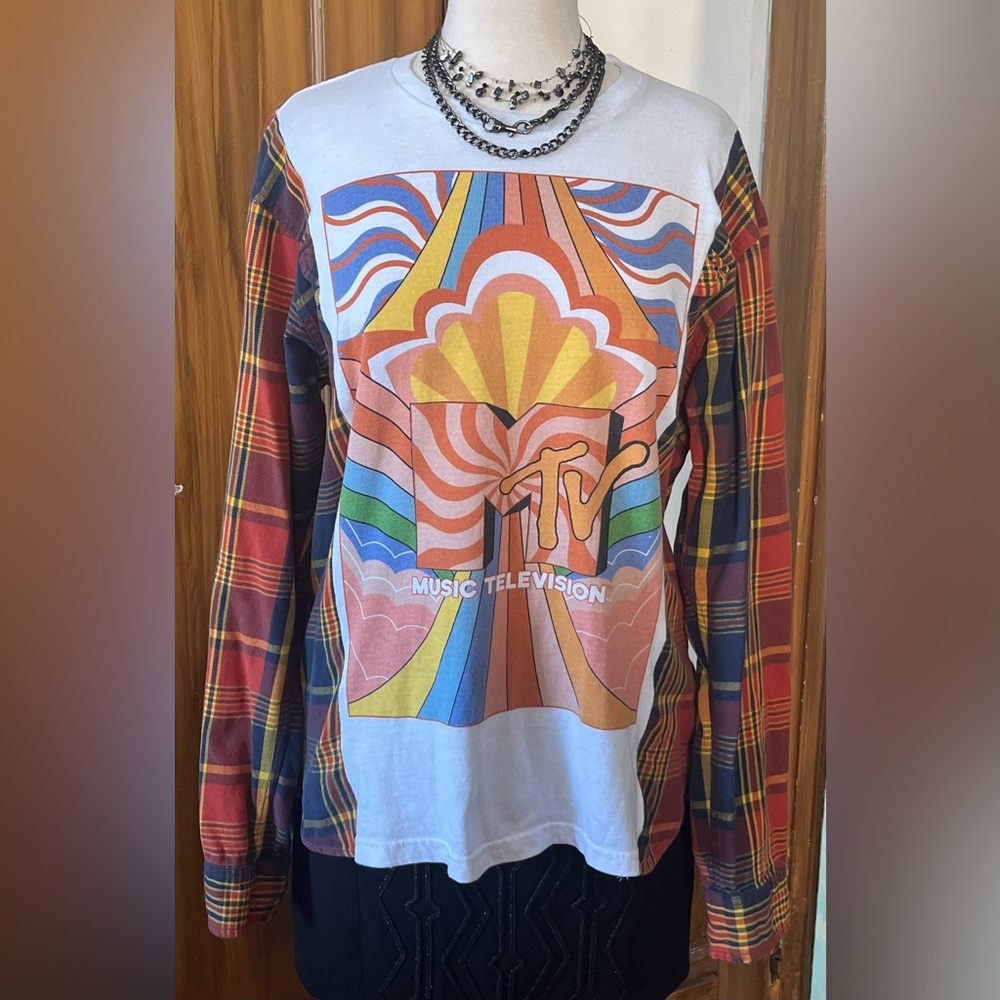 MTV up-cycled Graphic T-shirt with Plaid Long Sleeves